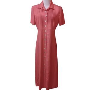 Long Linen Blend Midi Dress 6 Short Sleeves Pin Tucks Retro Party Romantic‎ Pink